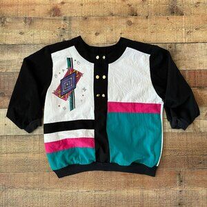 Vintage 80s Geometric Print Colorblock Pullover Lightweight Blouse 3/4 Sleeve